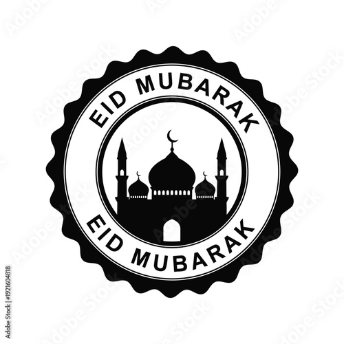 Eid Mubarak mosque badge vector clipart for Islamic holiday greeting and celebration designs