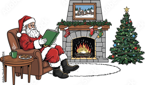 Jolly santa claus relaxing in a comfortable armchair by a roaring fireplace while reading a storybook next to a decorated christmas tree during the festive season