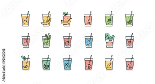 A collection of colorful fruit drinks in glass cups with straws displayed in a grid pattern