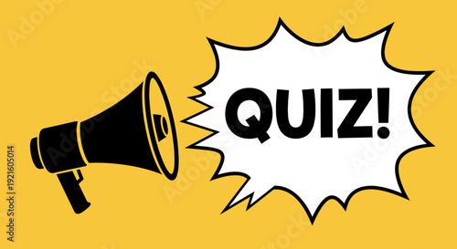 Announcing a quiz with a megaphone and exclamation point on a yellow background