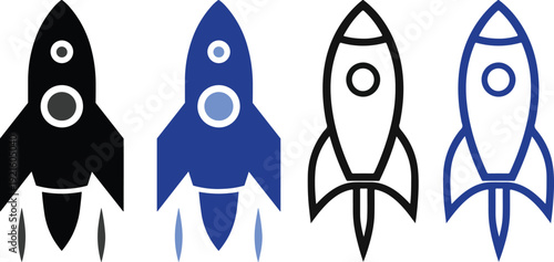 Modern rocket launch icon set in blue flat and line style. Collection includes startup, space shuttle, takeoff and boost symbols ideal for apps, technology and innovation themes.