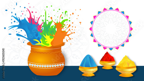 Holi Festival Sale Banner Background with Colorful Gulal Splash, Traditional Indian Pot Design, Vibrant Powder Explosion, Festive Celebration Template for Promotion, Retail Discount and Marketing