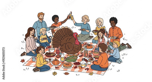 Family Gathering Around Large Turkey.