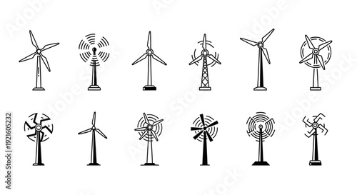 A Collection of Stylized Wind Turbine Illustrations Depicting Energy Conversion Systems