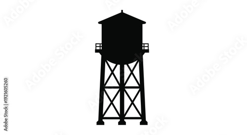A striking black water tower stands against a white background silhouette