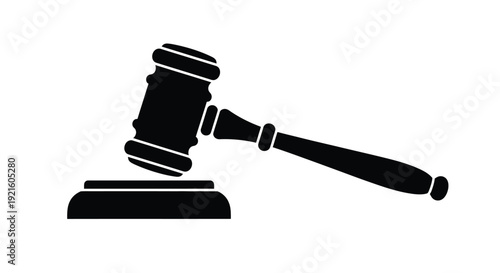 A black silhouette of a gavel resting on a sound block silhouette