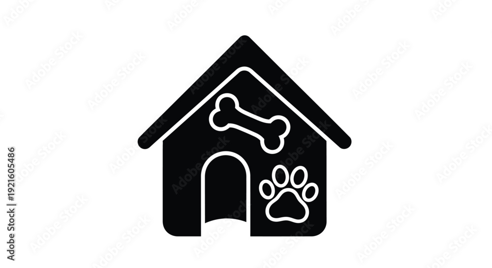 Fototapeta premium Black dog house icon with bone and paw prints simple silhouette