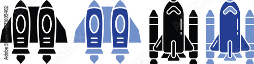 Modern rocket launch icon set in blue flat and line style. Collection includes startup, space shuttle, takeoff and boost symbols ideal for apps, technology and innovation themes.