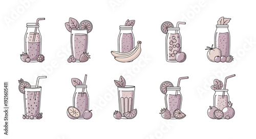 A collection of illustrated smoothie glasses and bottles with different fruit garnishes