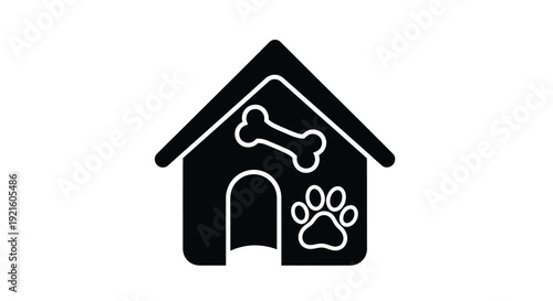 Black dog house icon with bone and paw prints simple silhouette