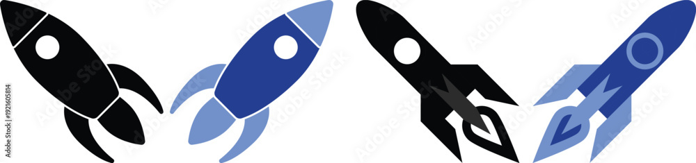 Obraz premium Modern rocket launch icon set in blue flat and line style. Collection includes startup, space shuttle, takeoff and boost symbols ideal for apps, technology and innovation themes.