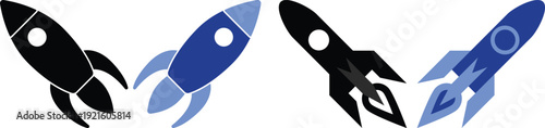 Modern rocket launch icon set in blue flat and line style. Collection includes startup, space shuttle, takeoff and boost symbols ideal for apps, technology and innovation themes.