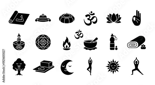 A Collection of Yoga and Meditation Symbols Depicting Practices and Tools for Wellness