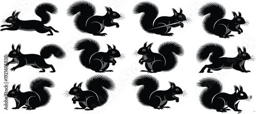 Black and Blue Squirrel Character Pose Sheet Collection Featuring Twelve Different Silhouettes Including Running Jumping Standing and Sitting for Animation Graphic Design Projects