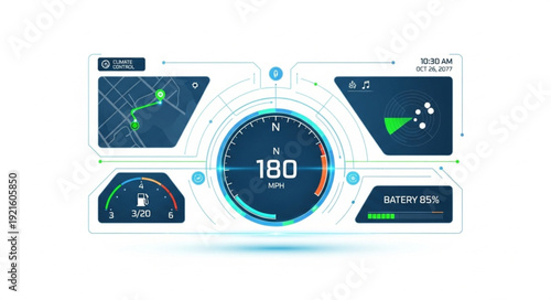 Modern digital car dashboard with speed indicator and navigation.