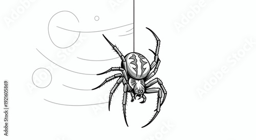 Detailed black and white illustration of a spider hanging from a single silk thread, with abstract background elements indicating movement.