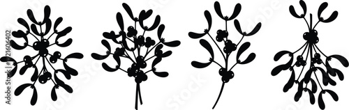 Collection of four distinct black and white vector silhouette illustrations depicting traditional holiday mistletoe sprigs featuring leaves and small berries ideal for winter design