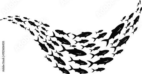 Black Silhouette of a Large School of Fish Swimming in a Wave Formation Against a White Background for Marine Life Ocean and Underwater Nature Graphic Design