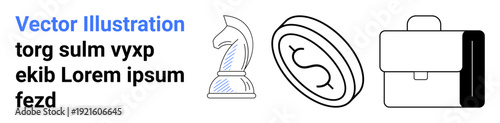 Strategy, finance, investment, business growth, decision-making, economic planning. Chess knight with coin and briefcase. Business growth and finance concepts illustrated