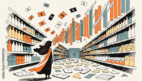 Woman analyzing sales data in modern grocery store aisle with falling prices