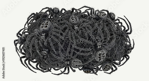 A dense, tangled pile of numerous black toy spiders, creating a creepy and unsettling visual.