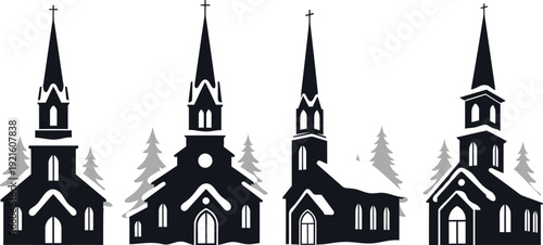 A collection of four distinct black silhouette vector illustrations depicting charming rural churches adorned with fresh snow and surrounded by evergreen trees on a white background.