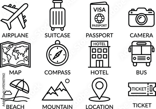 Vector illustration of travel and tourism silhouette collection—symbols for airplane, suitcase, passport, camera, map, compass, hotel, bus, beach, mountain, location, ticket