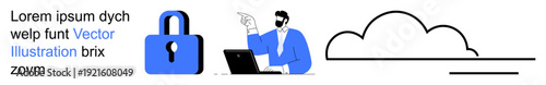 Cybersecurity, data protection, cloud storage, remote work, online privacy, encryption. A lock, professional at a laptop pointing, and a cloud icon cloud security and data encryption