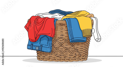 A woven wicker laundry basket overflowing with a pile of colorful dirty clothes, including shirts, jeans, and a sweater, against a plain white background.