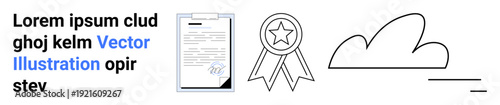 Document management, achievement recognition, cloud storage, digital security, online contracts, digital transformation. A certificate, award ribbon and cloud illustration. Document management
