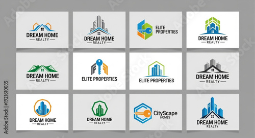 Collection of real estate logos and icons for property business.