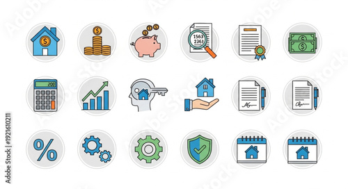 Collection of financial and real estate icons for business.