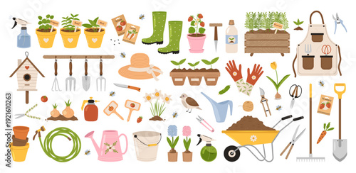 Collection of illustrations gardening tools and plants. Farmers craft and agricultural work. Home gardening and growing organic products. Vector stickers in flat style.