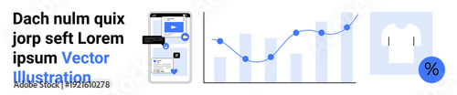 E-commerce, mobile analytics, data visualization, digital marketing, sales strategy, online shopping. Phone showing shopping data, trend chart shirt icon with percentage. E-commerce and mobile