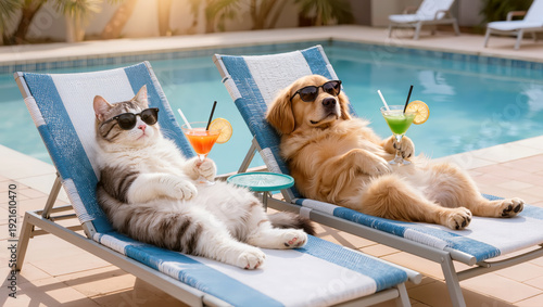 Funny cat and golden retriever relaxing by swimming pool with cocktails in sunglasses, humorous summer vacation concept