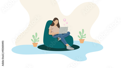 Flat illustration of a girl relaxing on a teal bean bag chair, using a laptop with heart icons. Minimalist cozy home office workspace concept.