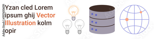 Technology, data management, global communication, innovation, ideas, worldwide connection. ion of lightbulbs, a server and a globe. Focus on data management and global communication