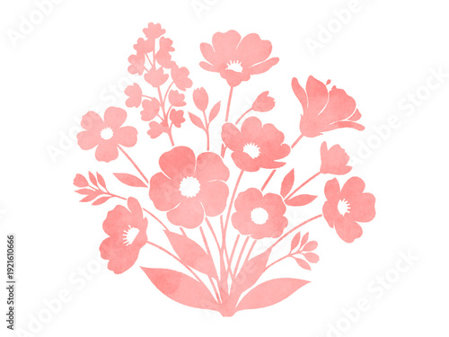 水彩風のタッチで描かれた花のシルエットイラストセット（ピンク、手書き風の温かみのある植物デザイン、装飾用ベクター素材）