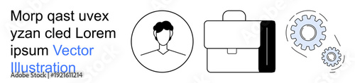 Business management, identity, workflow, professionalism, teamwork, organization. Includes a profile icon, briefcase and gear symbols. Business management and identity exploration visual