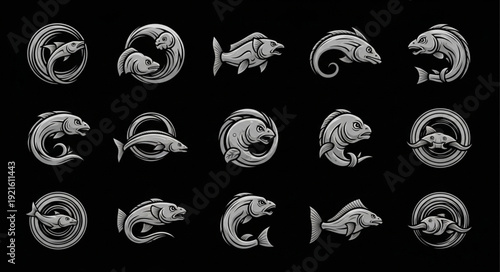 Collection of stylized fish illustrations in monochrome.