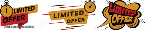 Modern limited offer sale badges icon set collection in red, yellow and black colors with clock and comic style elements. Perfect for discounts, promotions and marketing banners.