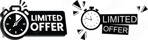 Modern limited offer sale badges icon set collection in red, yellow and black colors with clock and comic style elements. Perfect for discounts, promotions and marketing banners.