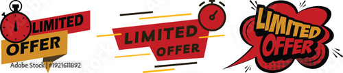 Modern limited offer sale badges icon set collection in red, yellow and black colors with clock and comic style elements. Perfect for discounts, promotions and marketing banners.