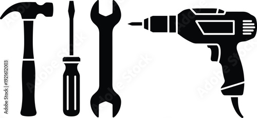 Hand tools silhouette vector set including hammer screwdriver wrench and electric drill isolated on white background for construction repair concepts