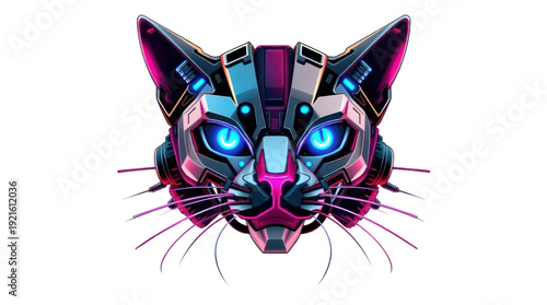 Robotic Cat Head with Glowing Neon Blue Eyes and Pink Accents on No Background