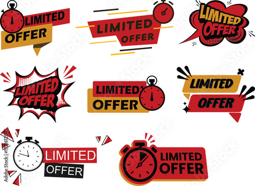 Modern limited offer sale badges icon set collection in red, yellow and black colors with clock and comic style elements. Perfect for discounts, promotions and marketing banners.