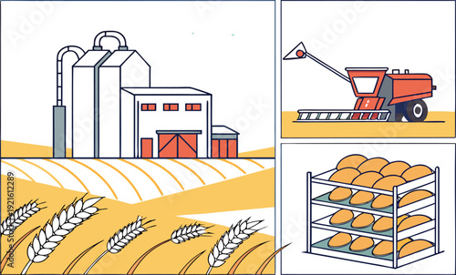 Cartoon illustration set of a combine harvester in a wheat field with golden wheat ears representing an industrial agriculture concept in a flat vector design silhouette style