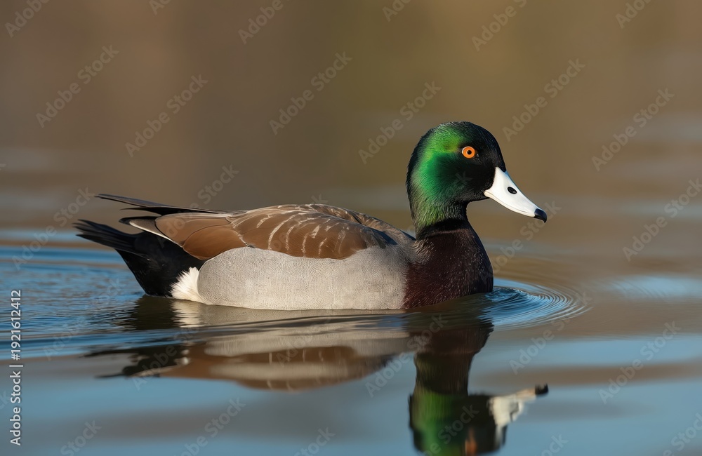 Fototapeta premium Chiloe wigeon duck swims on calm lake water creating ripples. Bird has green head orange eye white beak brown wings. Natural habitat reflection on water surface.