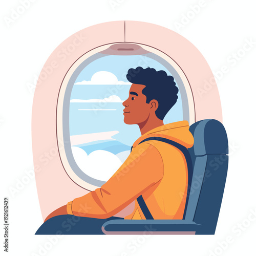 Man gazes out airplane window at clouds during flight journey illustration