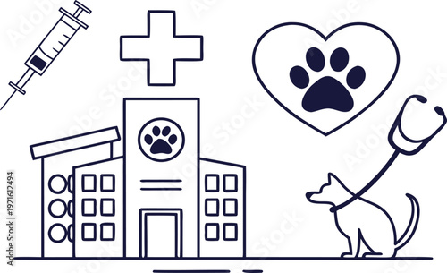 Cute cartoon illustration set featuring a cat and dog with a veterinary clinic sign and a fun Halloween animal skull icon vector symbol design